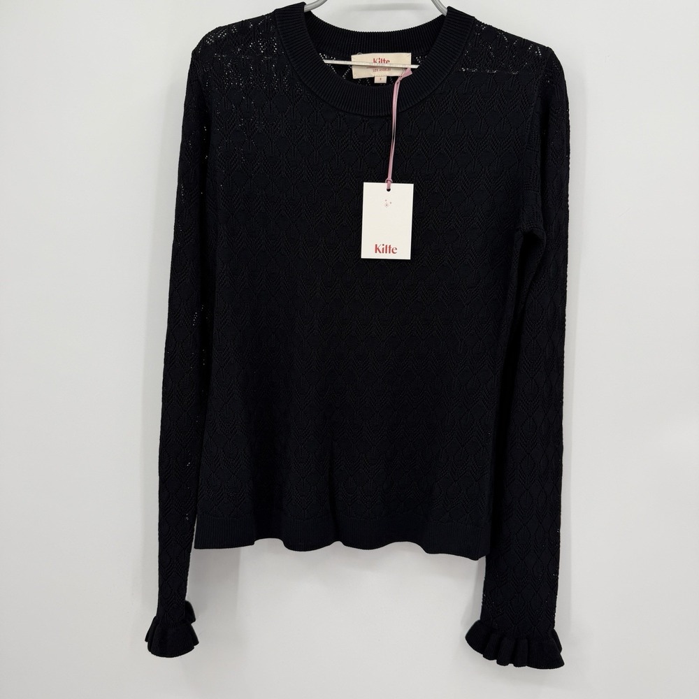 Kilte Collection Pristis Pointelle Long Sleeve Knit Top Black Ruffle Cuff 3 L/XL